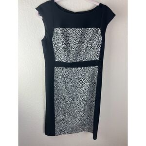 Adrianna Papell Women's Black Midi Sheath Dress Animal Print Size 10 Petite